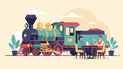 A vintage train and two people dining at a table next to it © Nanda