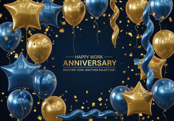 Colorful blue and gold balloons and stars frame the text "Happy Work Anniversary - Another Year, Another Milestone" on a dark background.