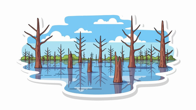 A stylized swamp scene with bare trees in calm water under a blue sky