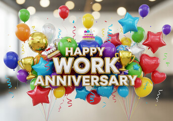 Colorful balloons and confetti surround the text "Happy Work Anniversary," celebrating a special workplace milestone.