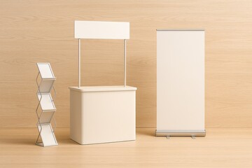 Minimal Trade Show Booth Set with Counter, Banner Stand and Brochure Rack on Wooden Background