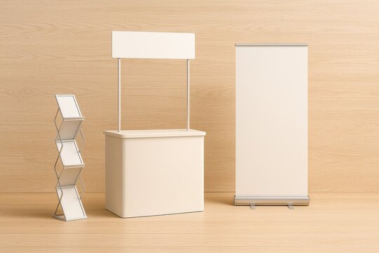 Minimal Trade Show Booth Set with Counter, Banner Stand and Brochure Rack on Wooden Background