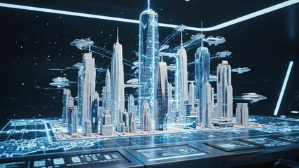 Futuristic holographic city model with illuminated skyscraper grid, flying vehicle and neon accents combined with futuristic digital world map showing glowing circuit lines and holographic interface - Powered by Adobe
