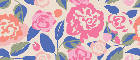 Pink and coral roses vector seamless floral pattern with beige background, blue leaves, cheerful spring summer mix. Fresh spring summer background design for wallpaper, fabric, wrapping, web. © TWINS DESIGN STUDIO