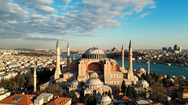 Aerial view of Hagia Sophia Mosque in Istanbul Turkey on a sunny day with beautiful cityscape