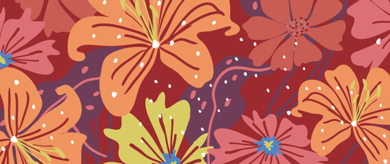 Bold orange flowers vector seamless floral pattern with burgundy background, yellow blue accents, retro floral texture. Fresh spring summer background design for wallpaper, fabric, wrapping, web. © TWINS DESIGN STUDIO