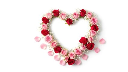Obraz premium Heart Shape Flower Arrangement with Red and Pink Roses, Baby's Breath, Petals