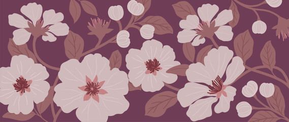 White cherry blossoms vector seamless floral pattern with mauve background, branch leaves, calm spring bloom. Fresh spring summer background design for wallpaper, fabric, wrapping, web. © TWINS DESIGN STUDIO