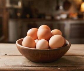 Fresh brown eggs in a rustic wooden bowl on a kitchen table
