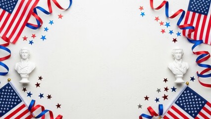 Obraz premium Patriotic frame with american flags, ribbons, stars and white busts on white background