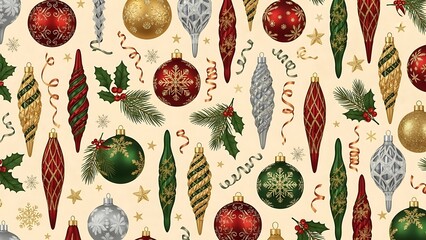 A beautiful festive seamless pattern featuring vintage christmas ornaments and classic holiday elements