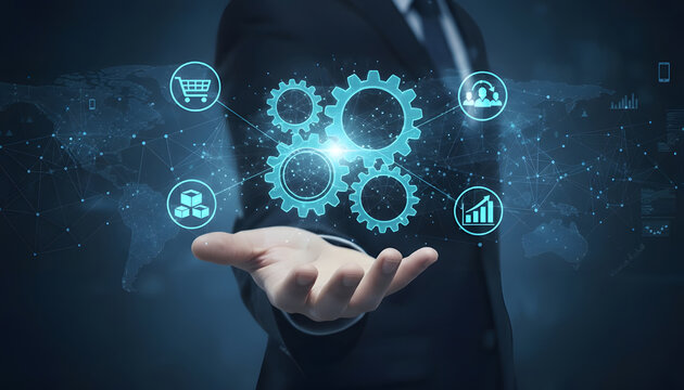 Businessman holding digital gear mechanism representing automated business process and global network - Powered by Adobe