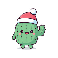 Cute Cartoon Cactus Wearing Santa Hat Illustration