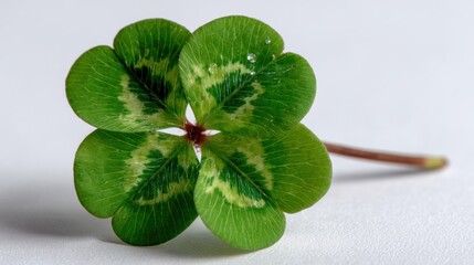 A green four-leaf clover is positioned against a plain white background. It features leaf variegation and small water droplets adorn the leaf surfaces
