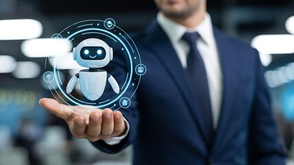 Businessman presenting a futuristic robot on his hand with a blurred background office high quality professional detailed modern elegant