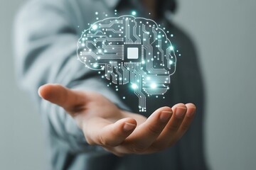 a person showcasing a futuristic brain chip with circuit board design on their hand high quality professional detailed modern