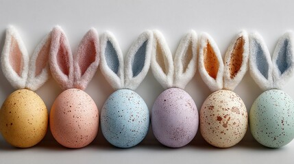 A row of six speckled Easter eggs are shown, each with fluffy, fuzzy white bunny ears attached. The eggs are pastel yellow, pink, blue, lavender, tan, and mint