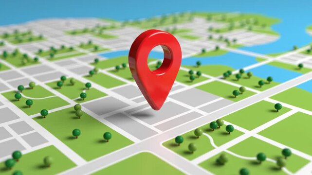 Red map marker hovering above urban street grid with parkland river and trees symbolic navigation and location pin for travel and direction red location pin stylized city map with streets blocks park