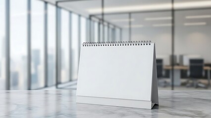 Blank Desk Calendar on a Table in a Modern Office with Large Windows.