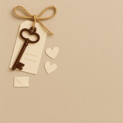 Vintage Heart-Shaped Key with Gift Tag and Love Symbols on Minimal Beige Background