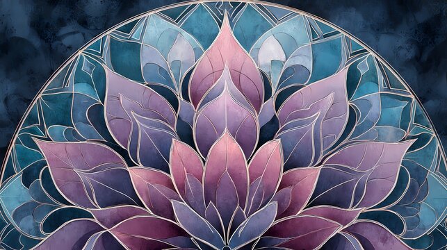 Stained glass lotus mandala with blue and purple petals