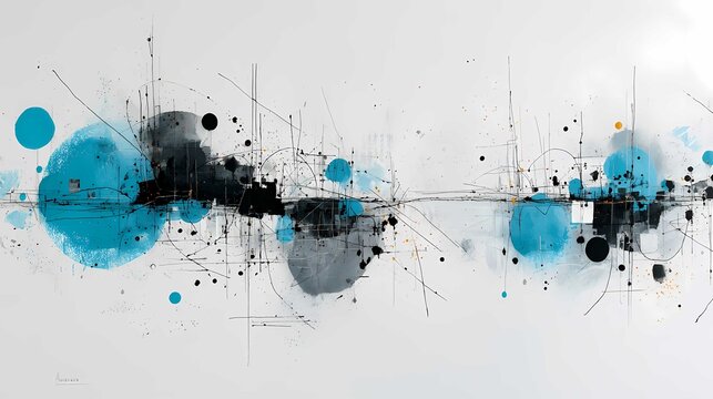 Abstract blue splash with intersecting lines and splatter marks, geometric background
