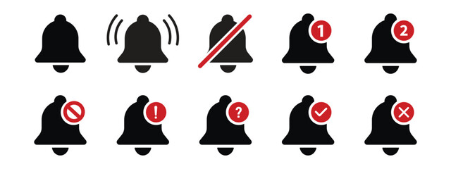 Bell notification icon set. Alarm bell icon set for notification and reminder. Alarm symbol. Reminder icon of ringing bells, sign for incoming inbox messages