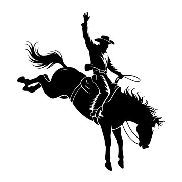 Bold black vector silhouette of cowboy riding bucking bronco, capturing dynamic rodeo action, power, balance, motion