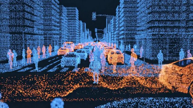 City Street Scene with Point Cloud People and Cars