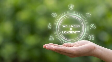 Wellness and longevity concept with hand and green background