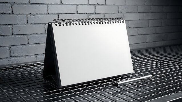 Blank Spiral Bound Desk Calendar with Pen on Metal Grid Surface.
