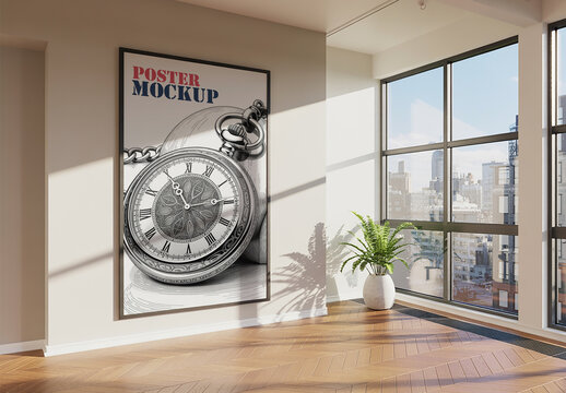 Vertical Poster Mockup in Sunny Modern Interior with City View