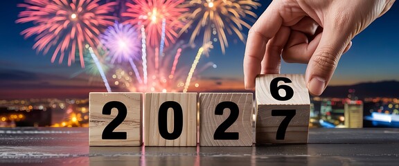 hand placing a wooden block with the number 6 on top of the year 2027 blocks with fireworks in the background at night