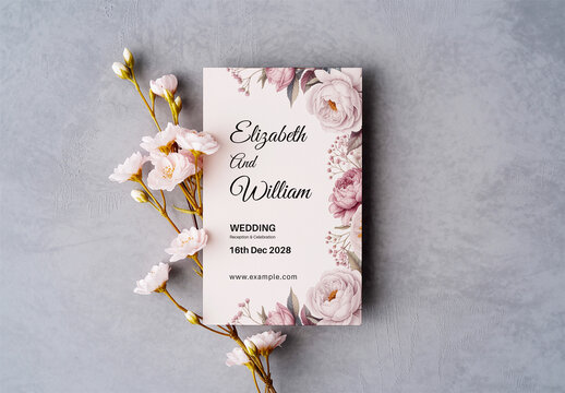 Wedding Invitation Card Mockup with Watercolor Flowers