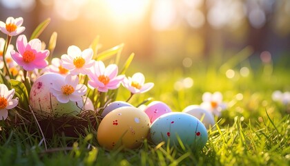 Colorful Easter eggs hidden in lush green grass with spring flowers and bright sunlight
