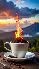 Illustration of a cup of coffee with a mini volcano.
