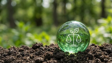 eco friendly scale with leaf on green globe