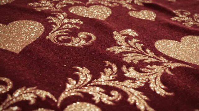 Burgundy fabric with gold glitter heart and floral pattern