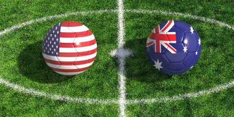 Soccer balls with USA and Australia national flags on a green grass pitch field © NS-Mystic
