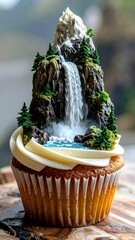 Illustration of a cupcake decorated with a waterfall on top.