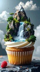 Illustration of a cupcake decorated with a waterfall on top.
