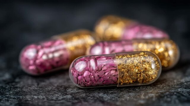 7Detailed close-up of elegant pink and gold capsules, lying diagonally across a dark, grainy background, soft directional lighting accentuating contours and color separation