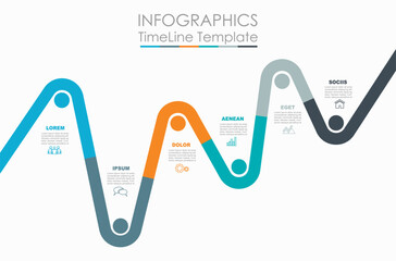 Modern wavy timeline infographic template with colorful segments, icons, and text blocks for visualizing project stages or historical events. Vector illustration.
