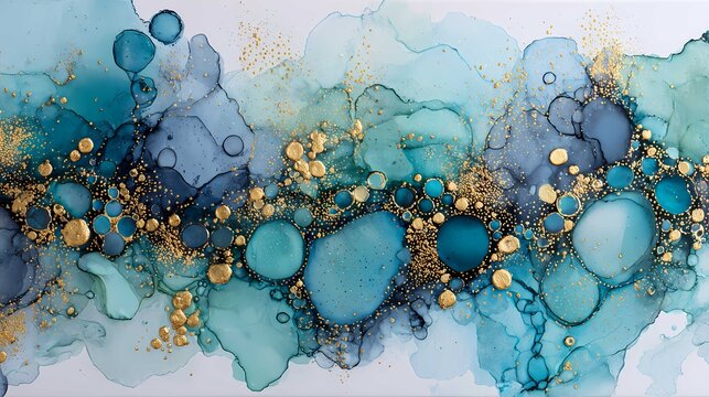 Abstract watercolor composition with blue teal tones and gold bubbles