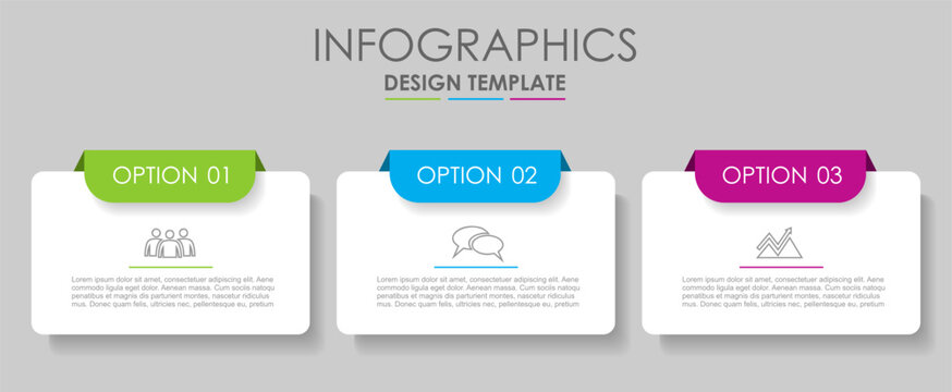 Infographic template with three colorful options, icons, and text boxes for comparing features, services, or business choices. Vector illustration.