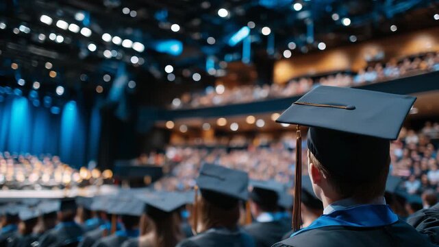 24Cinematic graduation scene with students in academic dress, shallow focus highlighting caps and tassels, blurred audience and stage lights in background