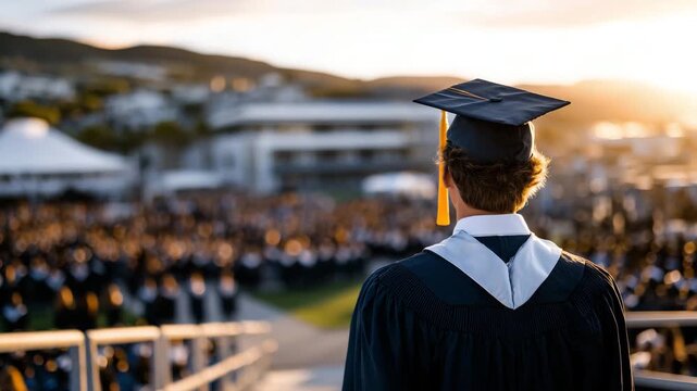 26Graduate walking across ceremony grounds, academic gown and cap in focus, blurred procession of students behind, warm golden-hour lighting emphasizing accomplishment