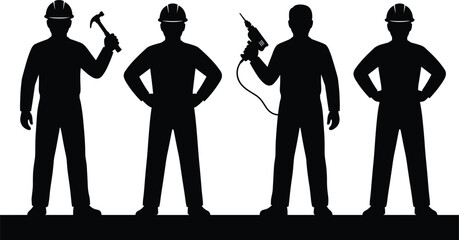 Silhouette of construction workers on platform with hammer, drill, hard hats, teamwork, and occupational safety in black style