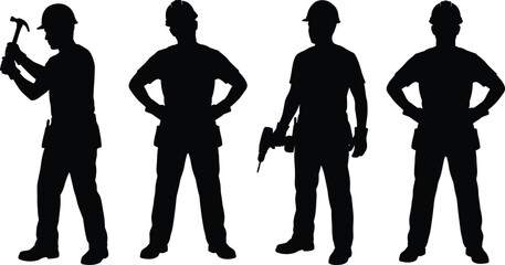 Silhouette of construction workers with hammer, drill, hard hats, teamwork, and occupational safety on platform in black style
