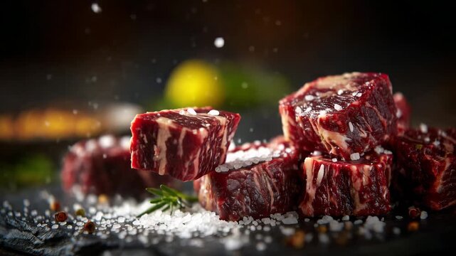 34Raw beef cubes arranged on a dark stone surface, coarse salt crystals scattered around, several cubes stacked into a rough tower while a single cube floats mid air as if just tosse